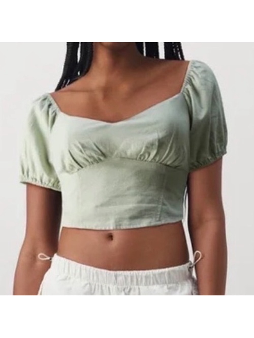 Hollister Linen Blend Ruched Tie Back Crop Top Green Sweetheart Neck Size Small